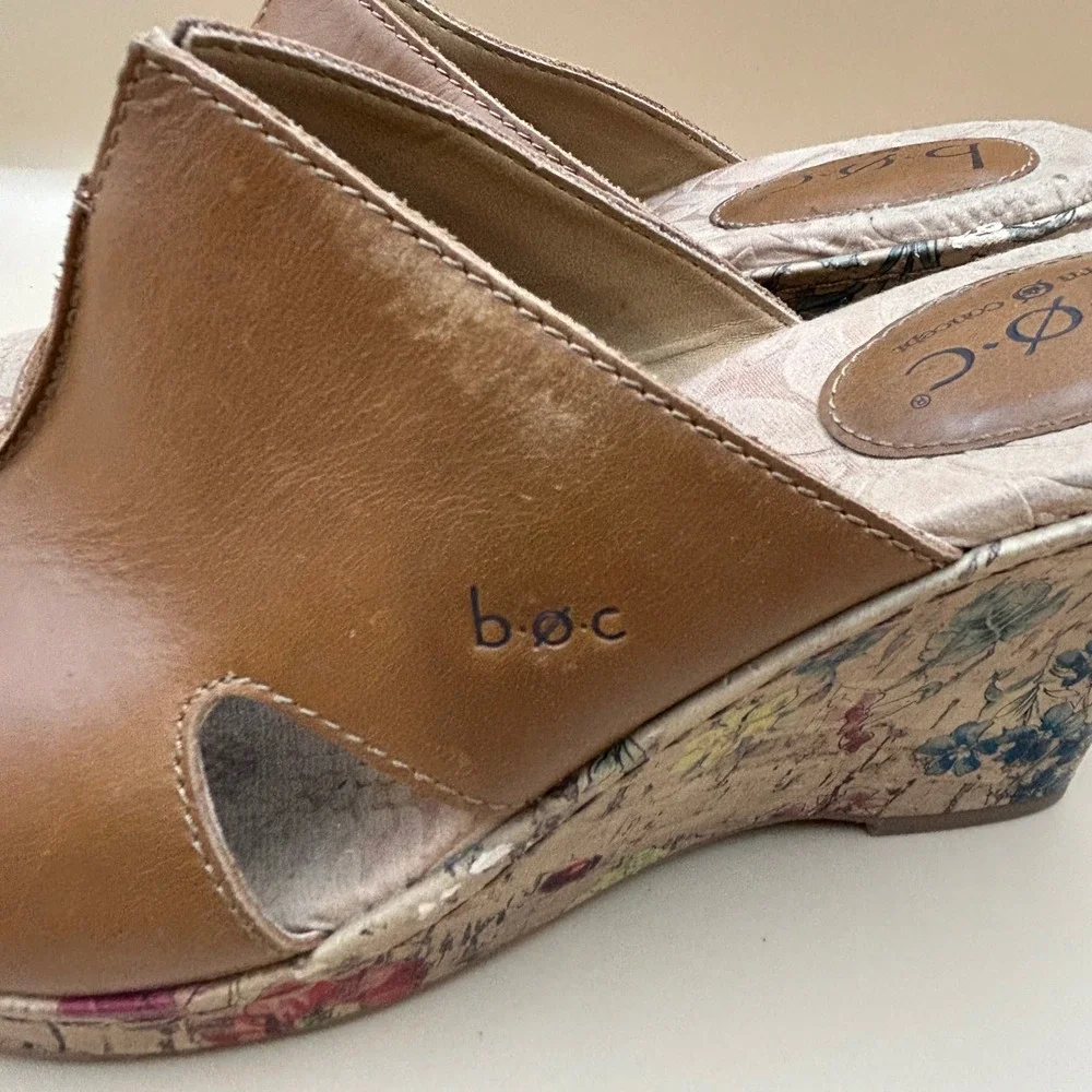 BOC Born Concept Womens 8 Tan Leather Floral Cork Wedge Sandals C34102 CBKA14